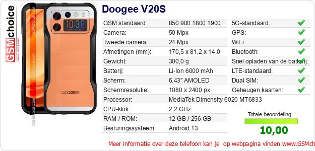 Doogee V20S Technische gegevens Doogee V20S Technische gegevens