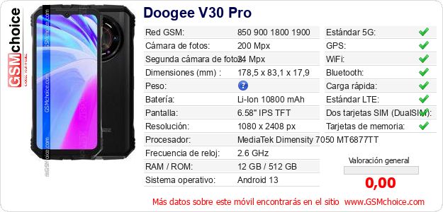 Doogee V30 Pro Datos técnicos del móvil Doogee V30 Pro Datos técnicos del móvil