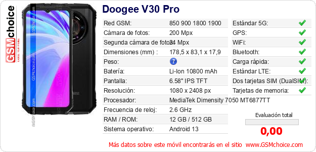 Doogee V30 Pro Datos técnicos del móvil Doogee V30 Pro Datos técnicos del móvil
