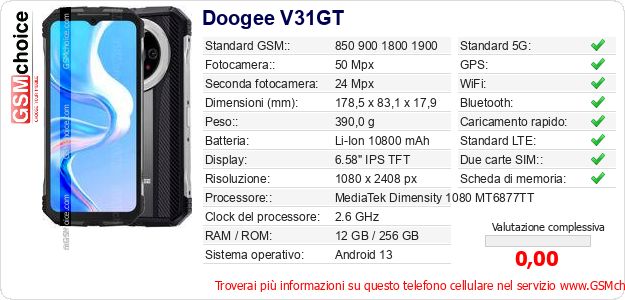 Doogee V31GT Dati tecnici di telefono cellulare Doogee V31GT Dati tecnici di telefono cellulare