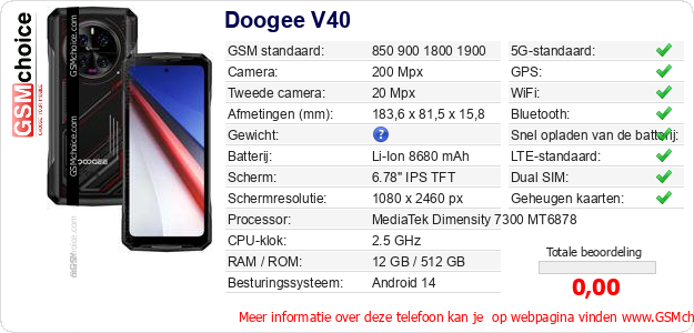 Doogee V40 Technische gegevens Doogee V40 Technische gegevens