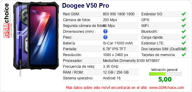 Doogee V50 Pro Datos técnicos del móvil Doogee V50 Pro Datos técnicos del móvil