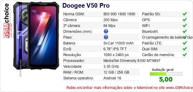 Doogee V50 Pro Especificações técnicas do telemóvel Doogee V50 Pro Especificações técnicas do telemóvel
