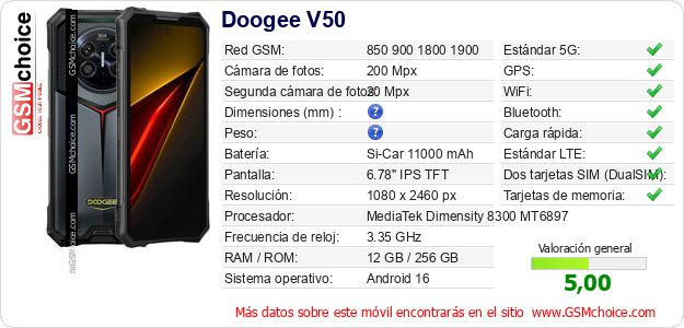 Doogee V50 Datos técnicos del móvil Doogee V50 Datos técnicos del móvil
