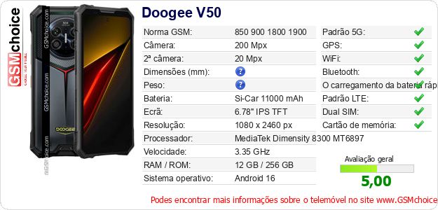 Doogee V50 Especificações técnicas do telemóvel 