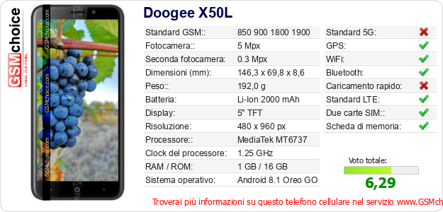 Doogee X50L Dati tecnici di telefono cellulare 