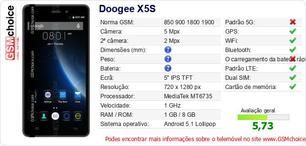 Doogee X5S Especificações técnicas do telemóvel 