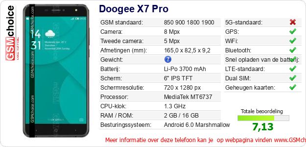 Doogee X7 Pro Technische gegevens Doogee X7 Pro Technische gegevens