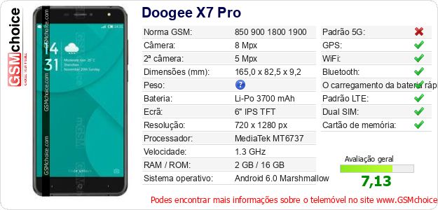 Doogee X7 Pro Especificações técnicas do telemóvel Doogee X7 Pro Especificações técnicas do telemóvel