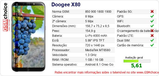 Doogee X80 Especificações técnicas do telemóvel Doogee X80 Especificações técnicas do telemóvel