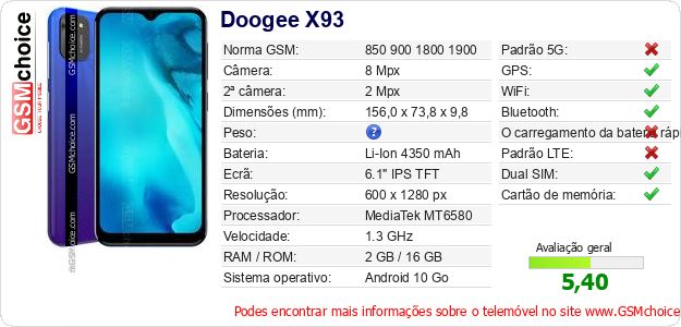 Doogee X93 Especificações técnicas do telemóvel 