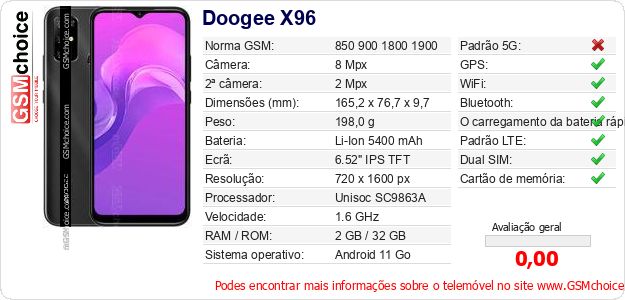 Doogee X96 Especificações técnicas do telemóvel Doogee X96 Especificações técnicas do telemóvel