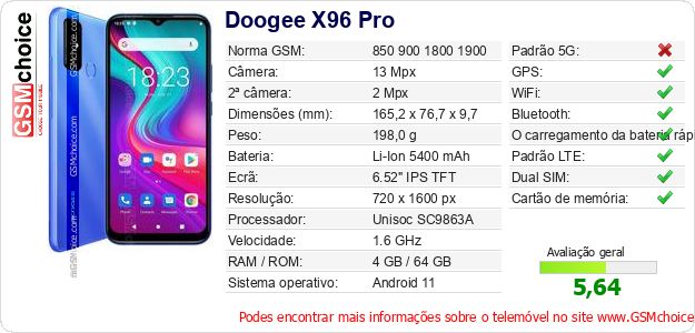 Doogee X96 Pro Especificações técnicas do telemóvel Doogee X96 Pro Especificações técnicas do telemóvel