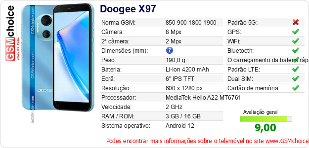 Doogee X97 Especificações técnicas do telemóvel 
