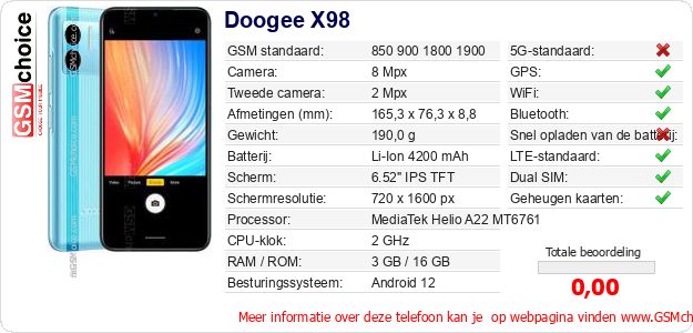 Doogee X98 Technische gegevens Doogee X98 Technische gegevens