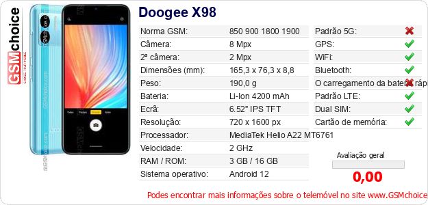 Doogee X98 Especificações técnicas do telemóvel Doogee X98 Especificações técnicas do telemóvel