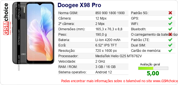 Doogee X98 Pro Especificações técnicas do telemóvel 