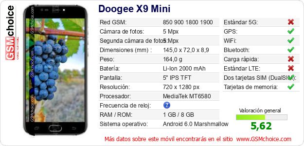 Doogee X9 Mini Datos técnicos del móvil 