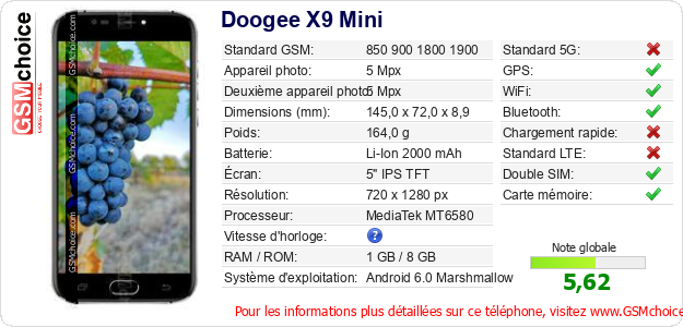 Doogee X9 Mini Fiche technique