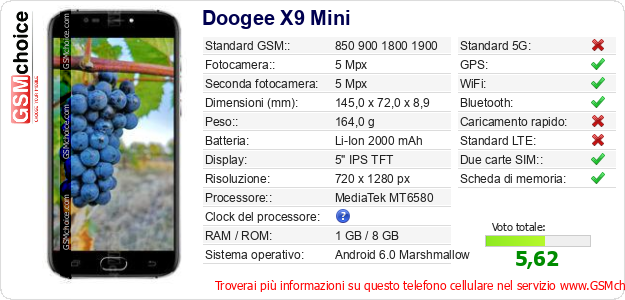 Doogee X9 Mini Dati tecnici di telefono cellulare 