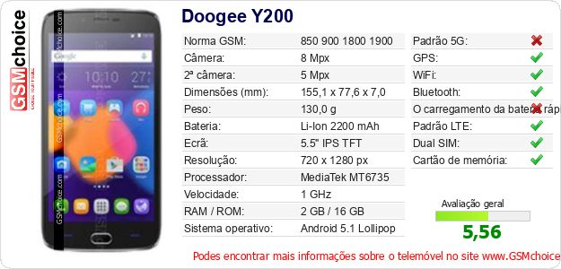 Doogee Y200 Especificações técnicas do telemóvel Doogee Y200 Especificações técnicas do telemóvel