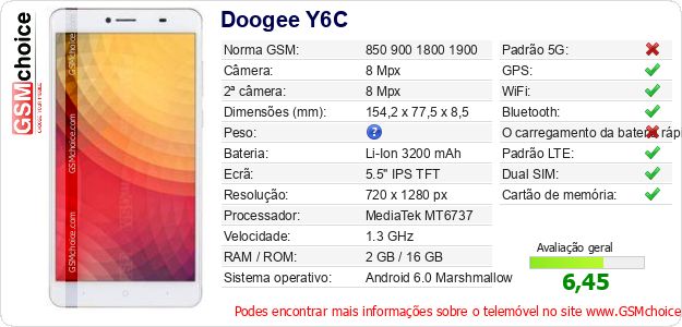 Doogee Y6C Especificações técnicas do telemóvel Doogee Y6C Especificações técnicas do telemóvel