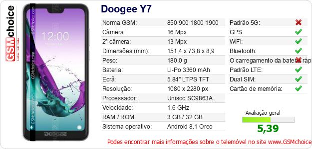 Doogee Y7 Especificações técnicas do telemóvel Doogee Y7 Especificações técnicas do telemóvel