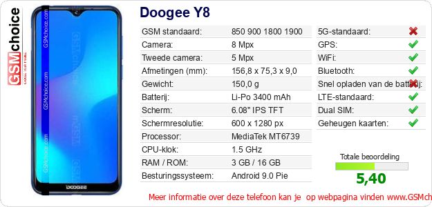 Doogee Y8 Technische gegevens Doogee Y8 Technische gegevens