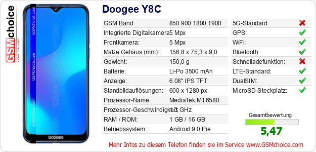 Doogee Y8C technische Daten Doogee Y8C technische Daten