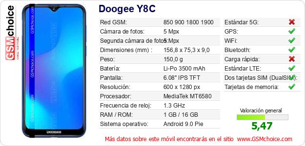 Doogee Y8C Datos técnicos del móvil Doogee Y8C Datos técnicos del móvil