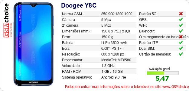 Doogee Y8C Especificações técnicas do telemóvel Doogee Y8C Especificações técnicas do telemóvel