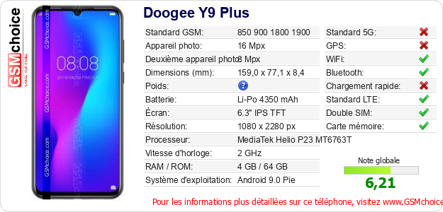 Doogee Y9 Plus Fiche technique