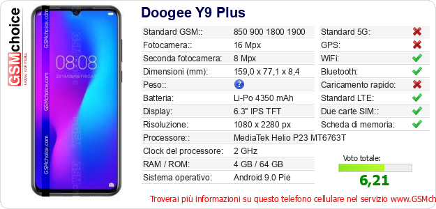 Doogee Y9 Plus Dati tecnici di telefono cellulare 