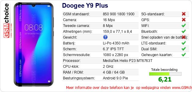 Doogee Y9 Plus Technische gegevens Doogee Y9 Plus Technische gegevens