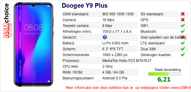 Doogee Y9 Plus Technische gegevens 