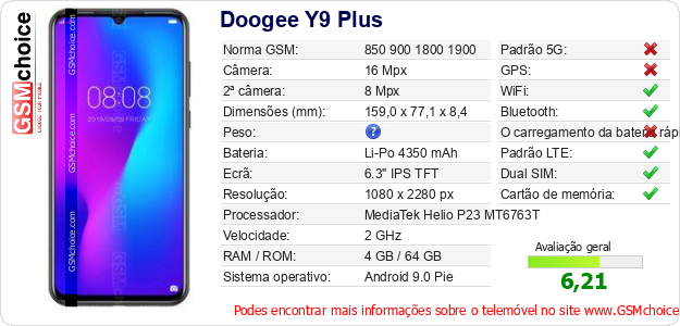 Doogee Y9 Plus Especificações técnicas do telemóvel Doogee Y9 Plus Especificações técnicas do telemóvel