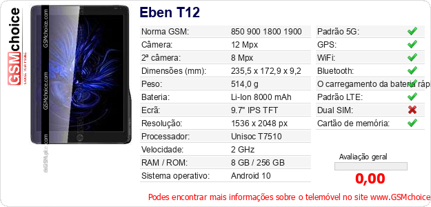 Eben T12 Especificações técnicas do telemóvel 