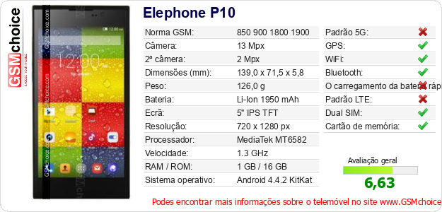 Elephone P10 Especificações técnicas do telemóvel 