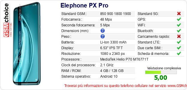 Elephone PX Pro Dati tecnici di telefono cellulare Elephone PX Pro Dati tecnici di telefono cellulare