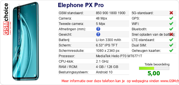 Elephone PX Pro Technische gegevens Elephone PX Pro Technische gegevens