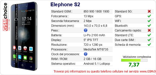 Elephone S2 Dati tecnici di telefono cellulare Elephone S2 Dati tecnici di telefono cellulare