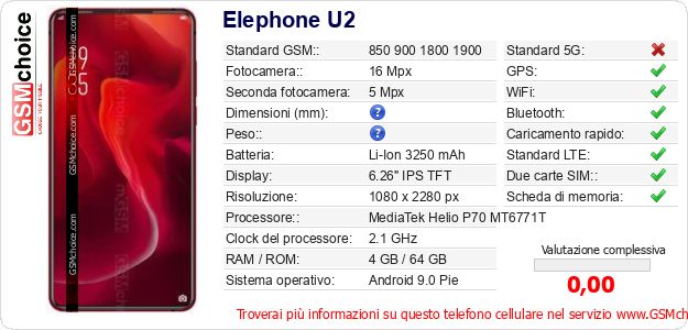 Elephone U2 Dati tecnici di telefono cellulare Elephone U2 Dati tecnici di telefono cellulare