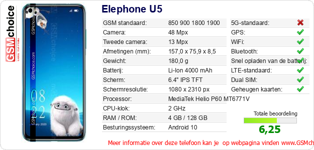Elephone U5 Technische gegevens Elephone U5 Technische gegevens