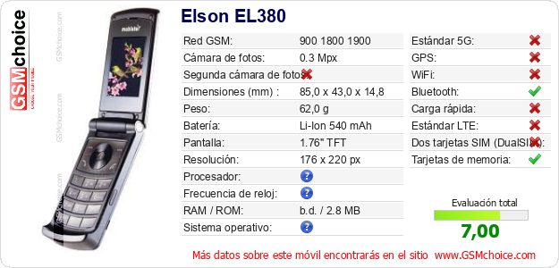 Elson EL380 Datos técnicos del móvil 