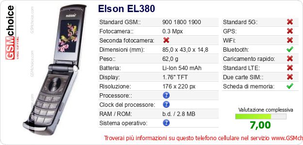 Elson EL380 Dati tecnici di telefono cellulare 
