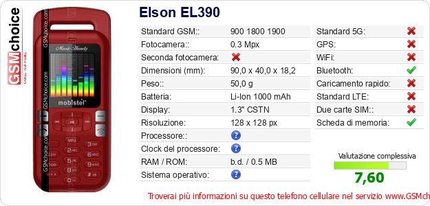 Elson EL390 Dati tecnici di telefono cellulare 