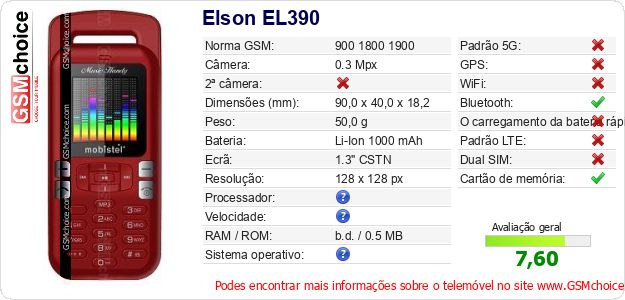 Elson EL390 Especificações técnicas do telemóvel Elson EL390 Especificações técnicas do telemóvel