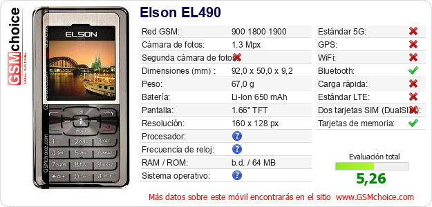 Elson EL490 Datos técnicos del móvil 