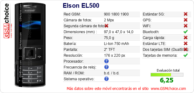 Elson EL500 Datos técnicos del móvil 