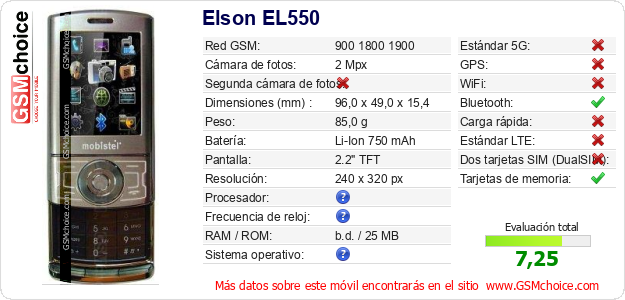 Elson EL550 Datos técnicos del móvil 